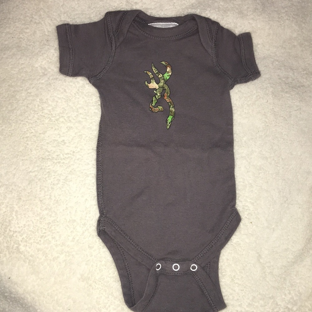 Browning. Newborn Onesie. Gray. Camo Deer.